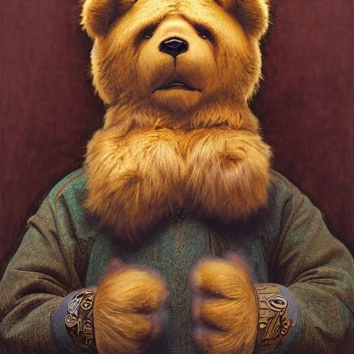 Image similar to a portrait of anthropomorphic teddy bear, looking at the viewer, hands crossed, centered, detailed, digital painting, artstation, concept art, donato giancola, Dante Gabriel Rossetti, alphonse mucha, Joseph Christian Leyendecker, WLOP, Boris Vallejo, Annie Leibovitz and Steve McCurry, David Lazar, Jimmy Nelsson, Breathtaking, 8k resolution, extremely detailed, beautiful, artistic, hyperrealistic, octane render