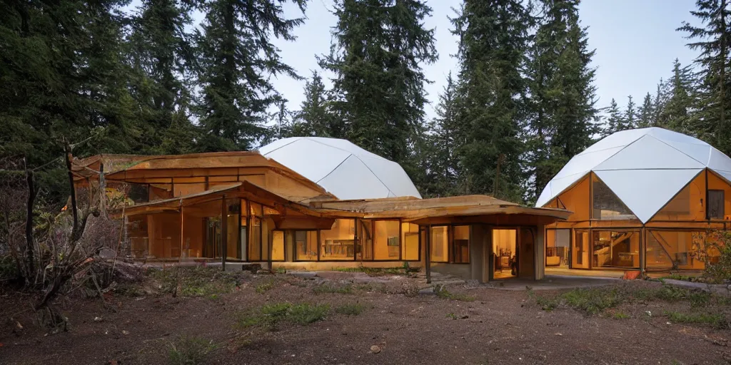 Image similar to large geodesic dome residence, pacific northwest, cedar and white concrete, many windows, triangular elements designed by frank lloyd wright and olson kundig