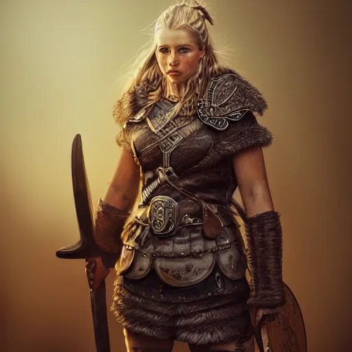 Image similar to viking shield maiden, painted by othon nikolaidis. 4 k, 8 k, hyper detailed, concept art master work, trending on artstation, beautiful, gorgeous, mythic, dramatic lighting,