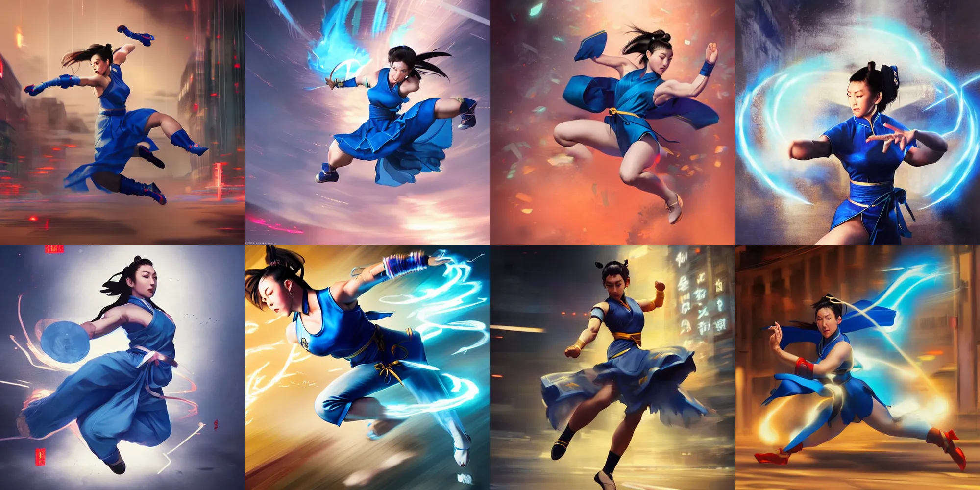 Prompt: chun - li, in a blue qipao, standing, kicking multiple times, long exposure, street fighter, energetic, dynamic, matte painting by greg rutkowski