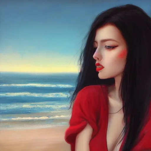 Image similar to woman with long dark black hair wearing red clothing standing by the beach, beautiful, 8k, highly detailed, realistic, artgerm, sakimichan, rutkowski, trending on artstation, perfect face, portrait, high contrast, golden light, dramatic lighting,