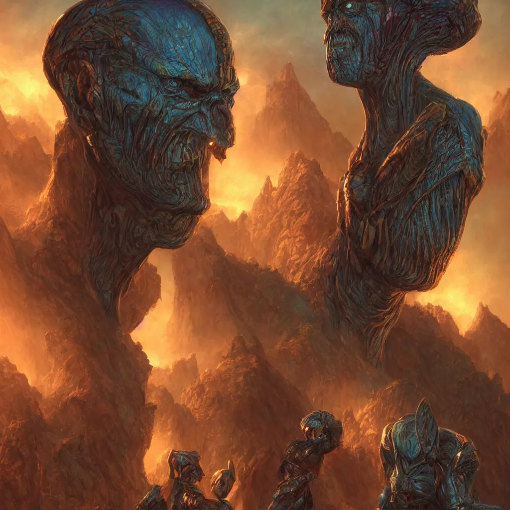 Image similar to bright, colorful, realistic, detailed from Elder Scrolls: shivering isles concept art Geiger and Beksiński alien portrait backlighting, kodachrome, high contrast, highly detailed, sharp focus, digital painting, concept art, illustration, trending on artstation, comic book by Alex Ross and Adam Adamowicz cover art