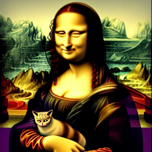 Image similar to the mona lisa with a cat for a face