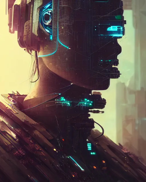 Image similar to portrait of a cyberpunk cyborg. sci - fi, intricate abstract upper body intricate, wlop, concept art, octane render, deviantart, greg rutkowski, cinematic, key art, hyperrealism,