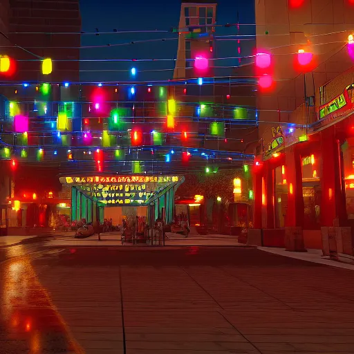 Image similar to Downtown Mexico, string lights, colorful lighting, night, unreal engine 5 tech demo, octane render, by Tooth Wu, by 'Frank Lloyd Wright