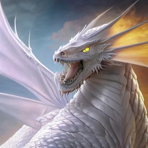 Image similar to Perfectly-centered portrait-photograph of a real life white dragon from heaven, lifelike, super highly detailed, professional digital painting, artstation, concept art, Unreal Engine 5, Photorealism, HD quality, 8k resolution, cinema 4d, 3D, beautiful, cinematic, art by artgerm and greg rutkowski and alphonse mucha and loish and WLOP
