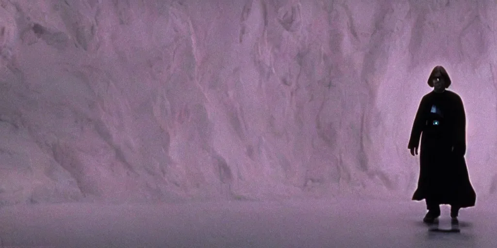 Image similar to screenshot of Luke Skywalker in dark jedi robe is lost on a surreal pink planet with black trees, minamilist 1970s sci fi film by Stanely Kubrick film, color kodak, Ektachrome, anamorphic lenses, detailed faces, hyper-realistic, photoreal, detailed portrait, moody award winning cinematography, beautiful lighting