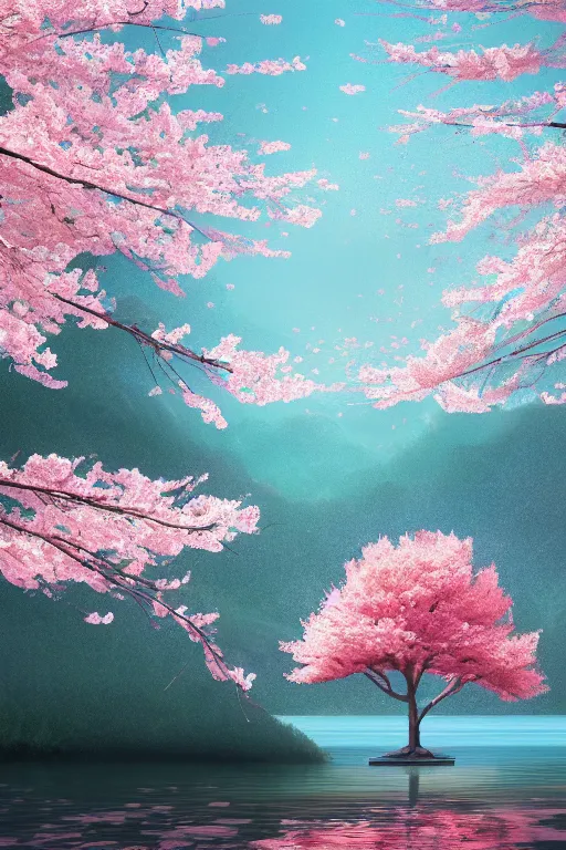 Image similar to a single alone sakura tree growing upon an island in a lake, cherry blossoms, illustration, light beams, simple, minimalist, digital art, oil painting, fantasy, 8 k, trending on artstation, detailed