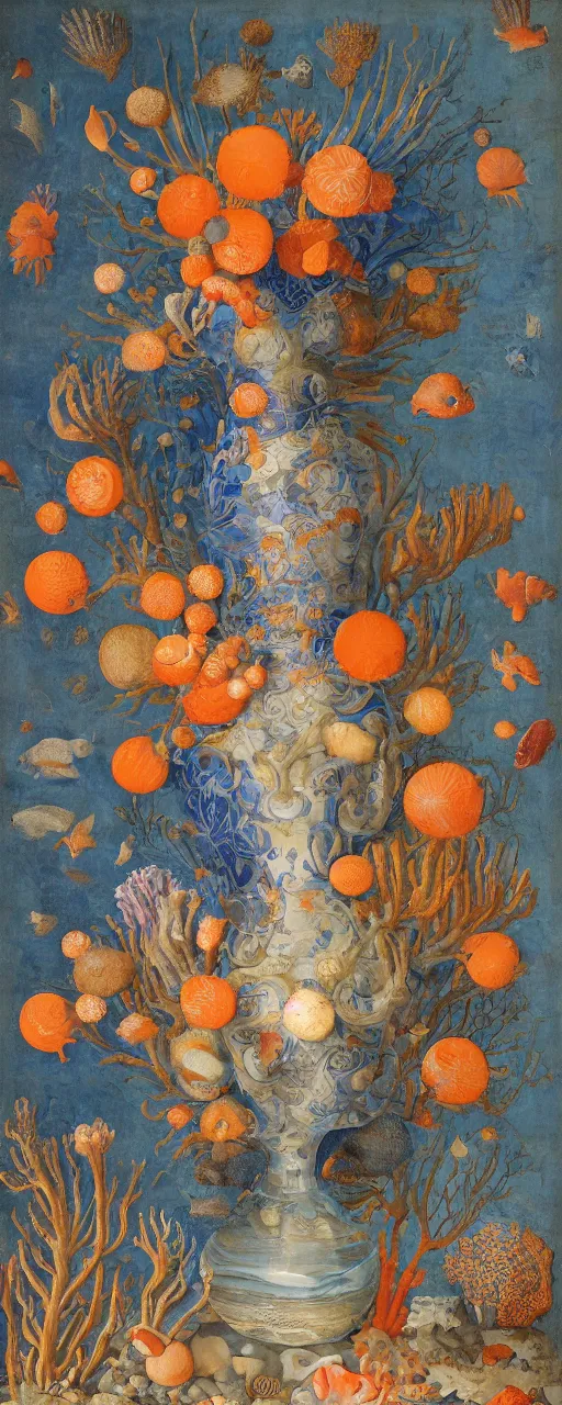 Image similar to bottle vase of coral under the sea decorated with a dense field of stylized scrolls that have opaque outlines enclosing mottled blue washes, with orange shells and purple fishes, Ambrosius Bosschaert the Elder, oil on canvas, hyperrealism, around the edges of there are no objects