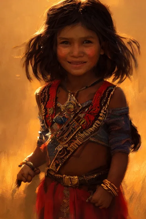 Image similar to aztec little girl, joyful, close - up portrait, intricate, elegant, volumetric lighting, scenery, digital painting, highly detailed, artstation, sharp focus, illustration, concept art, ruan jia, steve mccurry