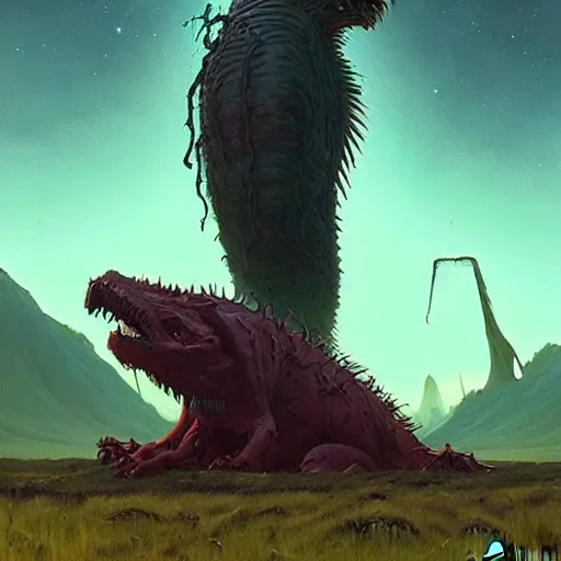 Image similar to giant creature lurking over a cowering smaller creature, epic science fiction horror by Simon Stalenhag and Mark Brooks, extremely detailed