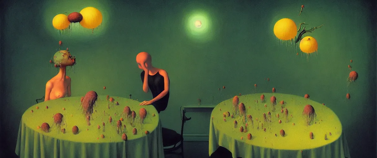 Image similar to She Eats Joyfully of the Suffocating Yellowcake Fruit and Her spiderlike gossamer glistening polyp blossoms bring iridescent fungal flowers whose spores black the foolish glaring stars Edward Hopper and James Gilleard, Zdzislaw Beksinski, Mark Ryden, Wolfgang Lettl highly detailed