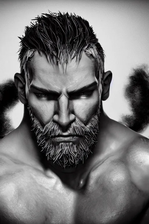 Image similar to a single muscular man wearing torn clothes, looking to the right, profile picture, hyperrealistic, concept art, octane render, unreal engine 5, trending on artstation, high quality, highly detailed, 8 k, dramatic lighting, cinematic, high coherence, anatomically correct, five fingers, digital art, seductive, black and white, big beard, epic
