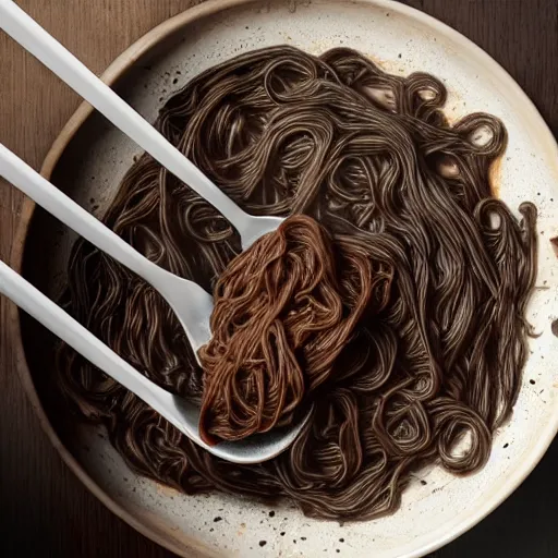 Prompt: a bowl of delicious black bean noodles, realistic, 8 k, extremely detailed, cgi, trending on artstation, hyper - realistic render, by greg rutkowski