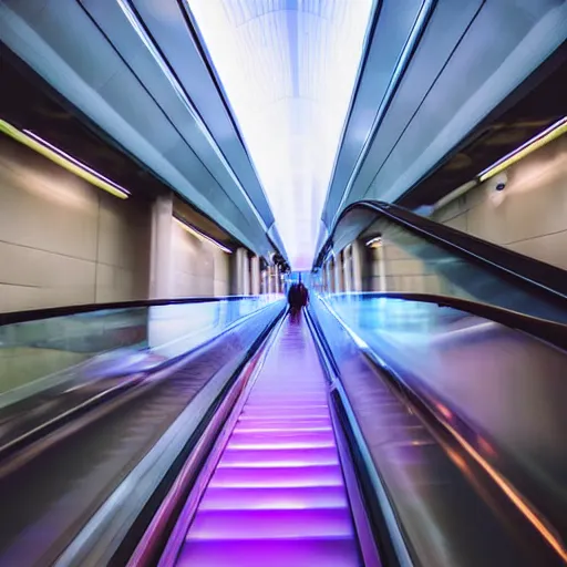 Prompt: approaching futuristic escalator inside white back glossy lit tube with streaming beams of light, building anticipation, scintillating, movement, pastel gradients, 8 k, highly detailed, professional photograph, epic composition, modern details