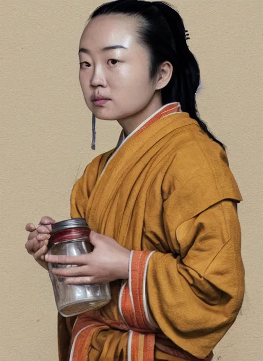 Prompt: full portrait of a female monk drinking a jar of baijiu by wlop, wuxia, xianxia, drunken boxing, drunken fist, drunken master, weathered olive skin, athletic, playful, fully clothed, monk's robe, baijiu, clay jar, detailed, realistic, anatomically accurate, fantasy illustration, artstation, wlop.