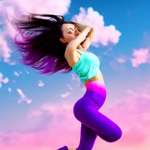 Image similar to a award winning half body shot of a beautiful woman in a croptop and leggings with a ombre purple pink teal hairstyle with head in motion and hair flying, outrun, vaporware, highly detailed, fine detail, intricate