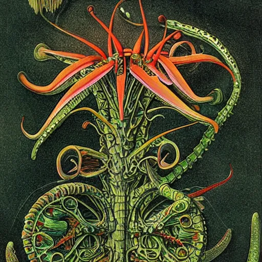 Image similar to technicolor venus flytrap, by Ernst Haeckel, by M.C. Escher, beautiful, eerie, surreal, colorful