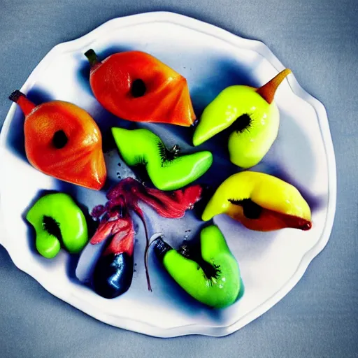 Prompt: a plate of alien fruits