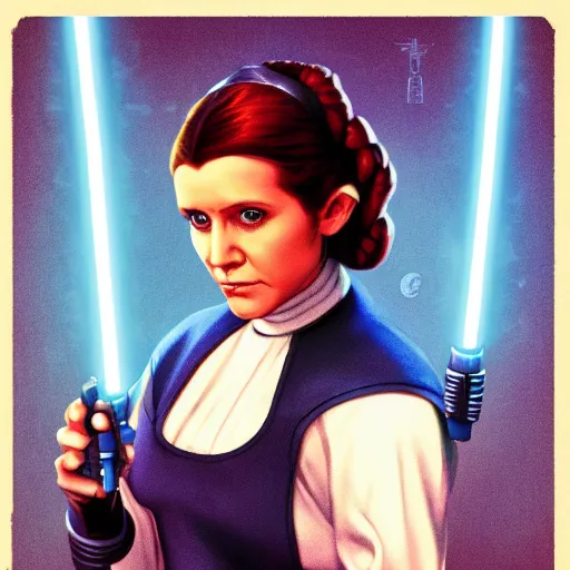 Prompt: Princess Leia holding a blue lightsaber, artstation