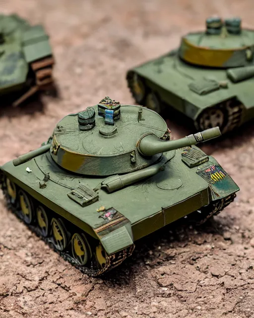 Image similar to high quality presentation photo of a detailed miniature diorama of a tank battle with miniature soldiers, photography 4k, f1.8 anamorphic, bokeh, 4k, Canon, Nikon