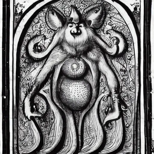 Prompt: furry freaky creature sings a unique canto about'as above so below'being ignited by the spirit of haeckel and robert fludd, breakthrough is iminent, glory be to the magic within, style of grotesques from medieval illuminated manuscripts