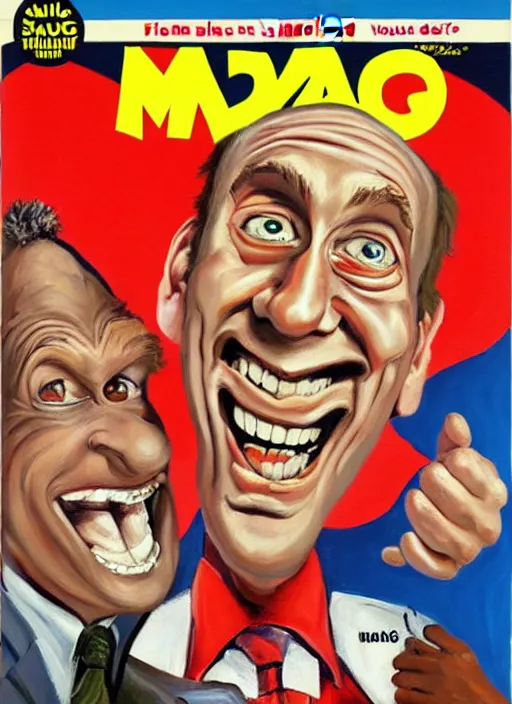Image similar to mad magazine cover, norman mingo painting, saul goodman smiling, thumbs up, exaggerated proportions, caricature, painterly, visible brush strokes, vintage