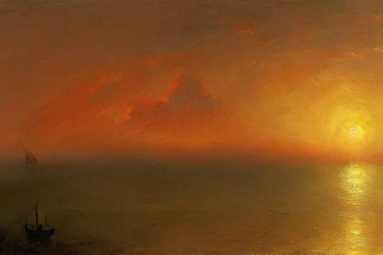 Prompt: painting of beautiful ocean on sunset by ivan aivazovski