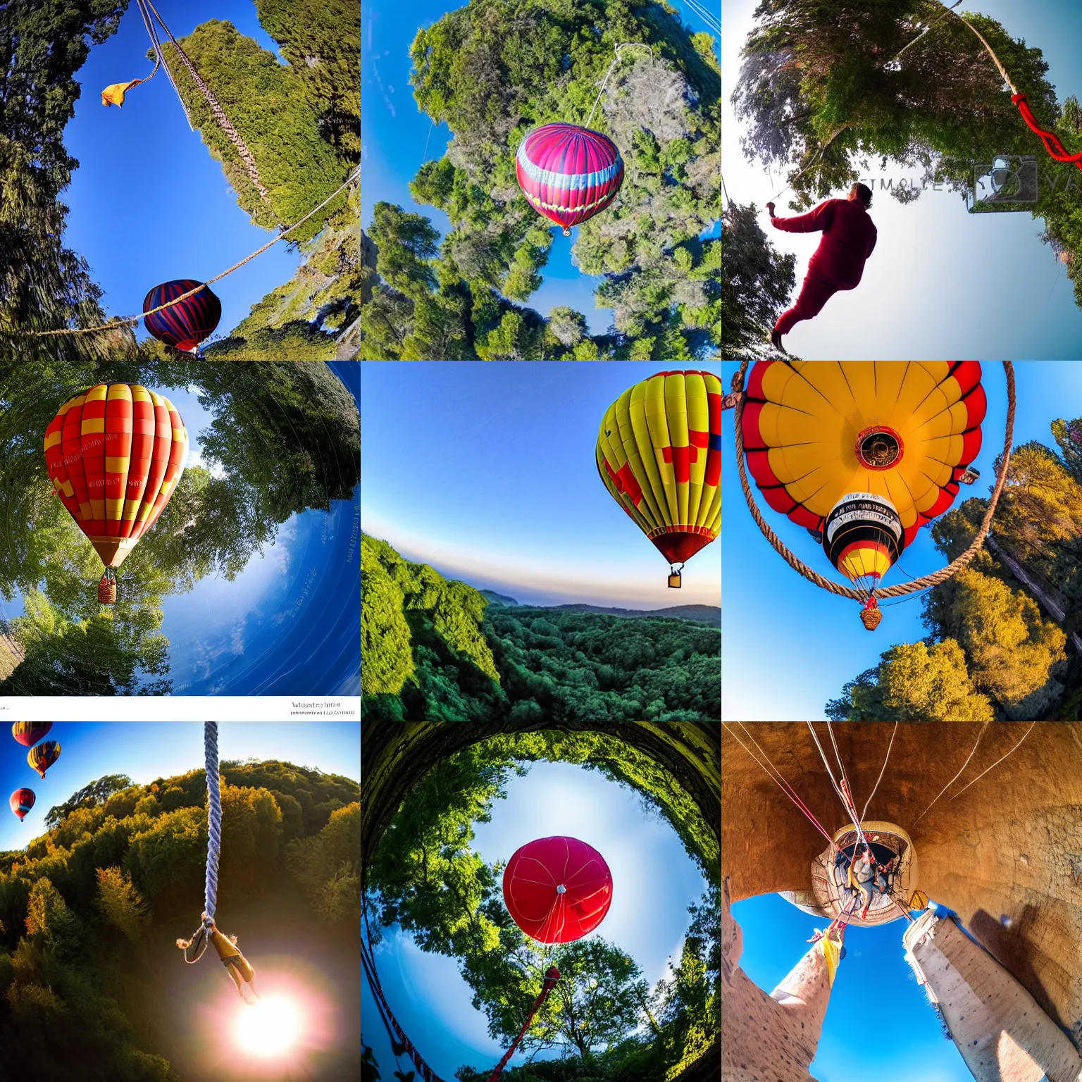 Prompt: hot - air balloon with a rope, gibbon hanging upside down on the rope, fisheye lens