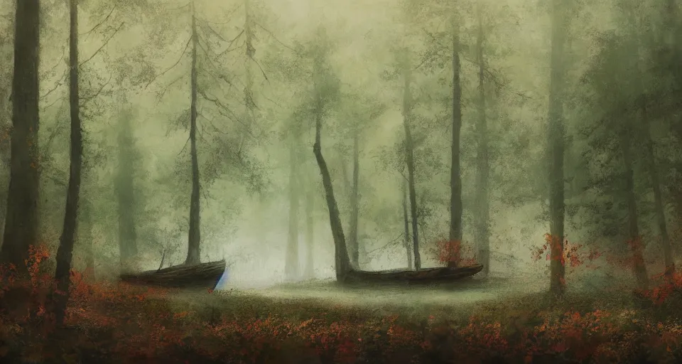 Image similar to an old broken sailing ship in an autumn forest, green and red tones, by Aron Wiesenfeld and beksincki, cinematic, detailed illustration, nature, fog, dark colors, suspense, intricate, 8k