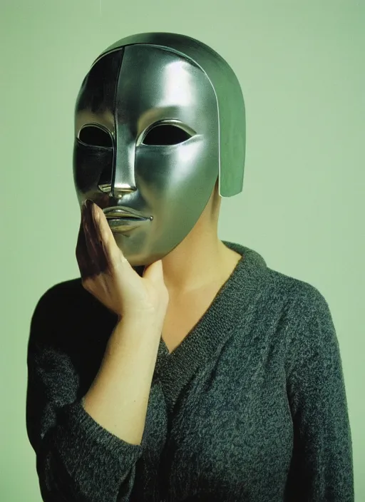 Image similar to a fashion portrait photograph of a woman wearing a metal mask designed by james turrell, 3 5 mm, color film camera,