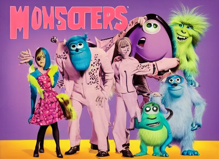 Image similar to monsters inc 1 9 8 0 s pop band, detailed facial expression, surrealism aesthetic