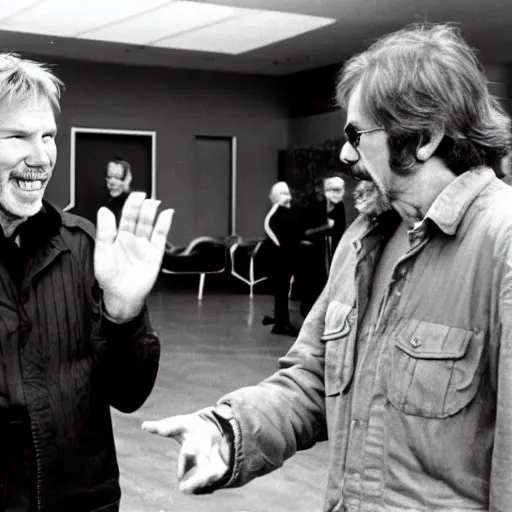 Image similar to harrison ford and john carpenter talking, 1 9 8 0 s photography