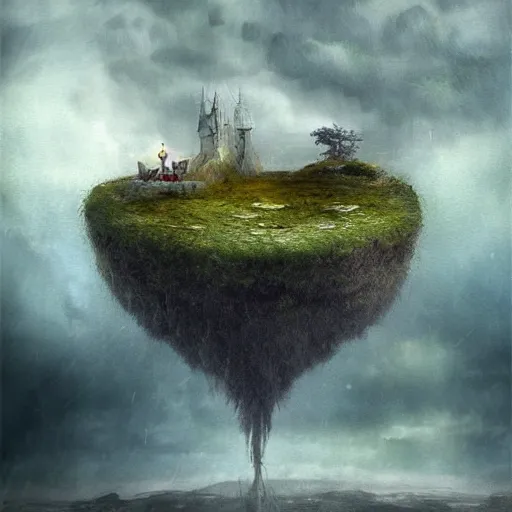 Prompt: a floating island in the middle of a cloudy sky, a matte painting by alexander jansson, trending on cgsociety, fantasy art, matte painting, apocalypse landscape, mystical