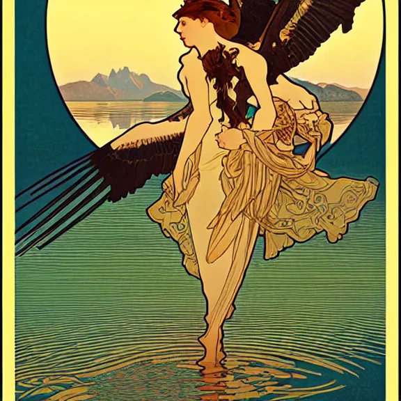 Prompt: an osprey in flight over a spectacular mountain lake at golden hour. art nouveau. surrealism. incredibly beautiful digital art. by alphonse mucha.