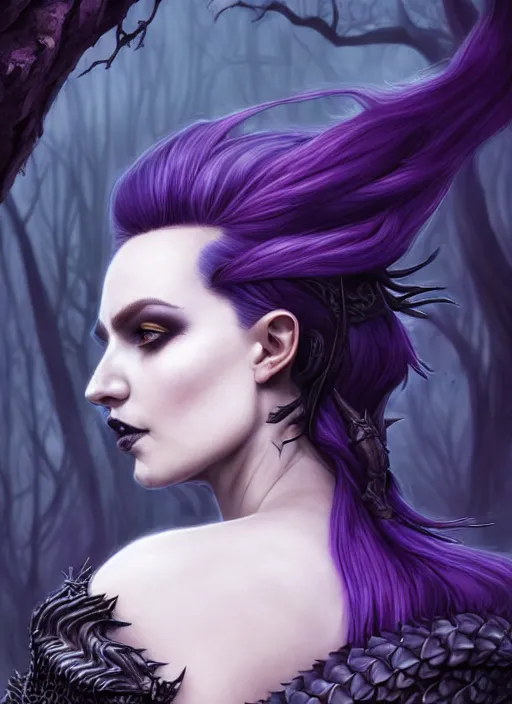Prompt: side portrait Melanie Strohmaier as dark witch, adventurer outfit large cloak, fantasy forest landscape, dragon scales, fantasy magic, undercut hairstyle, short purple black fade hair, dark light night, intricate, elegant, sharp focus, illustration, highly detailed, digital painting, concept art, matte, art by WLOP and Artgerm and Greg Rutkowski and Alphonse Mucha, masterpiece