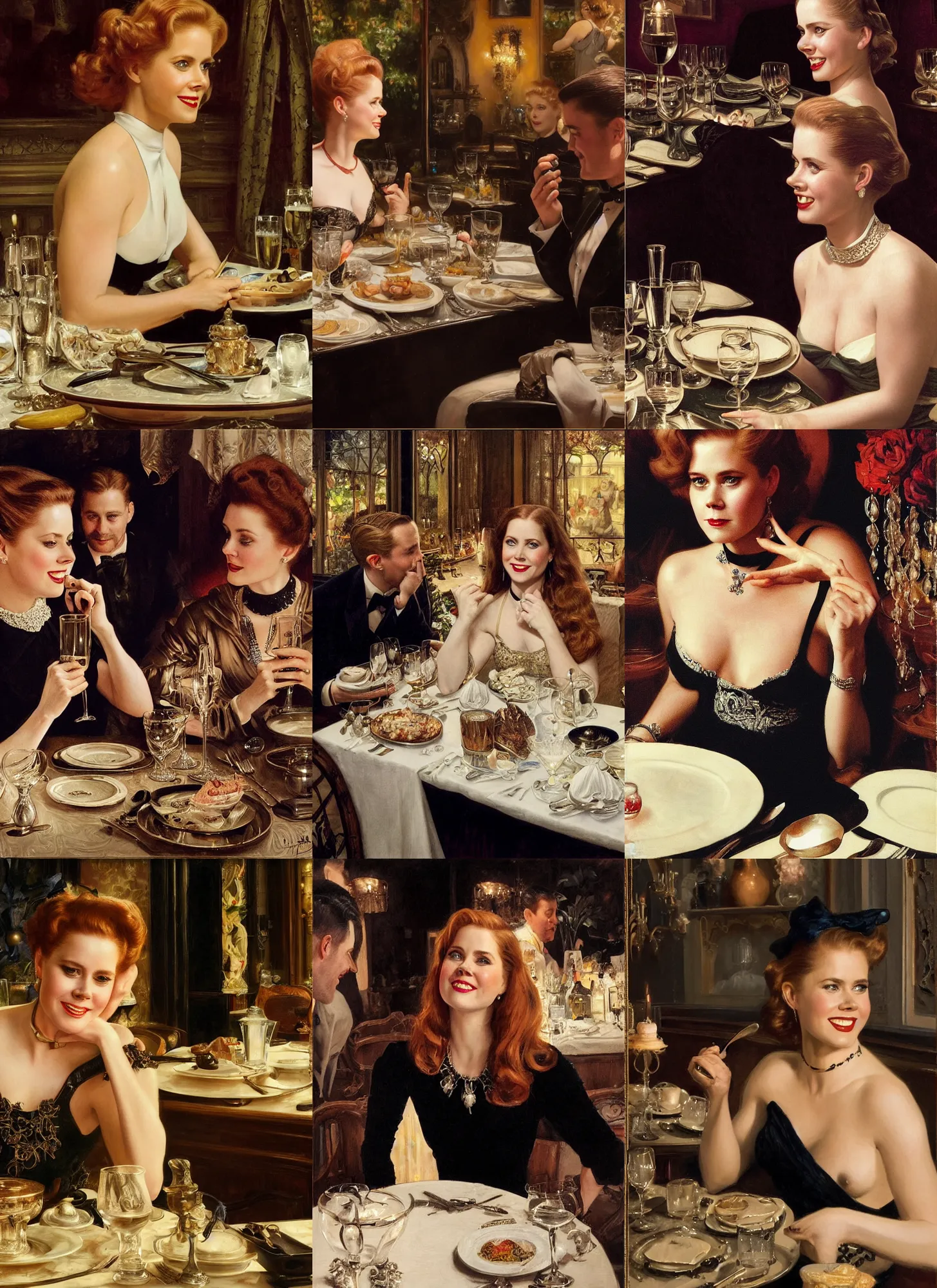 Prompt: dinner with amy adams smiling sitting across the camera wearing a black choker staring into the camera in an expensive private restaurant, 1 9 5 0 s, intricate, elegant, tasteful, highly detailed, shallow depth of field, artgerm, donato giancola, joseph christian leyendecker