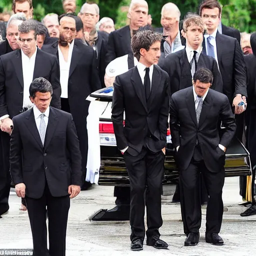 Prompt: ben stiller dressed in black, heartbroken at his father's burial, casket being lowered into the ground, a wailing woman in the background