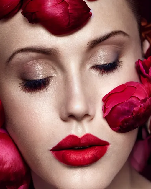 Image similar to Portrait of a European woman, close-up, high sharpness, zeiss lens, fashion photo shoot, peony flowers, red hair, red lipstick, in the background of gold, they have rhinestones on their face, Edward Buba, Annie Leibovitz, David Lazar, Jimmy Nelsson, Eiko Hosoe, artistic, hyper-realistic, beautiful face, octane rendering