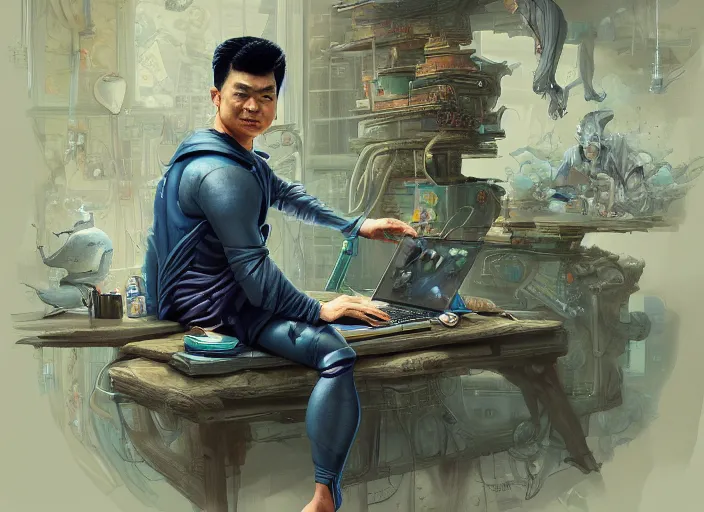 Image similar to an insanely detailed painting of an asian man wearing a homemade superhero costume, sitting at a desk, staring seriously at the computer and typing, in the style of peter mohrbacher, james jean, artgerm, dramatic lighting and composition, surreal background, octane render, pixar, trending on artstation, concept art, comic book, view from behind, 8 k