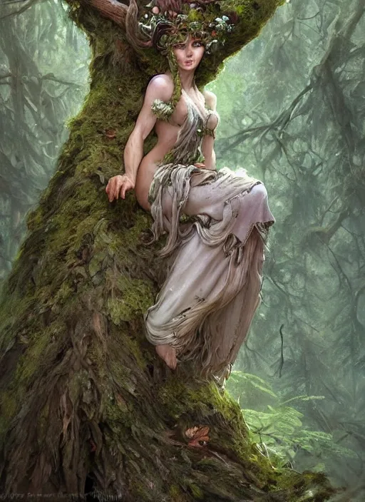 Image similar to a woodland spirit made of wood and moss, growing out of the side of a tree, beautiful high quality fantasy art, trending on artstation by artgerm and greg rutkowski and alphonse mucha