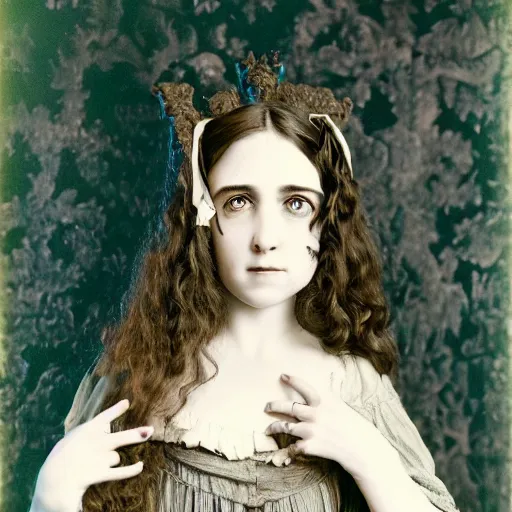 Prompt: 35mm head and shoulders portrait of an expressive Victorian gothic girl doing ASMR with various hand movements, Graflex photograph by Mark Ryden