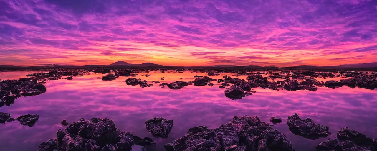 Prompt: beautiful sunset purple noctilucent clouds serene glowing landscape photography