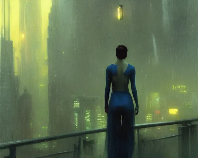 Image similar to 2 0 1 8 blade runner movie still girl look at the cityscape from roof perfect face fine realistic face pretty face reflective polymer suit tight neon puffy jacket blue futuristic sci - fi elegant by denis villeneuve tom anders zorn hans dragan bibin thoma greg rutkowski ismail inceoglu illustrated sand storm alphonse mucha