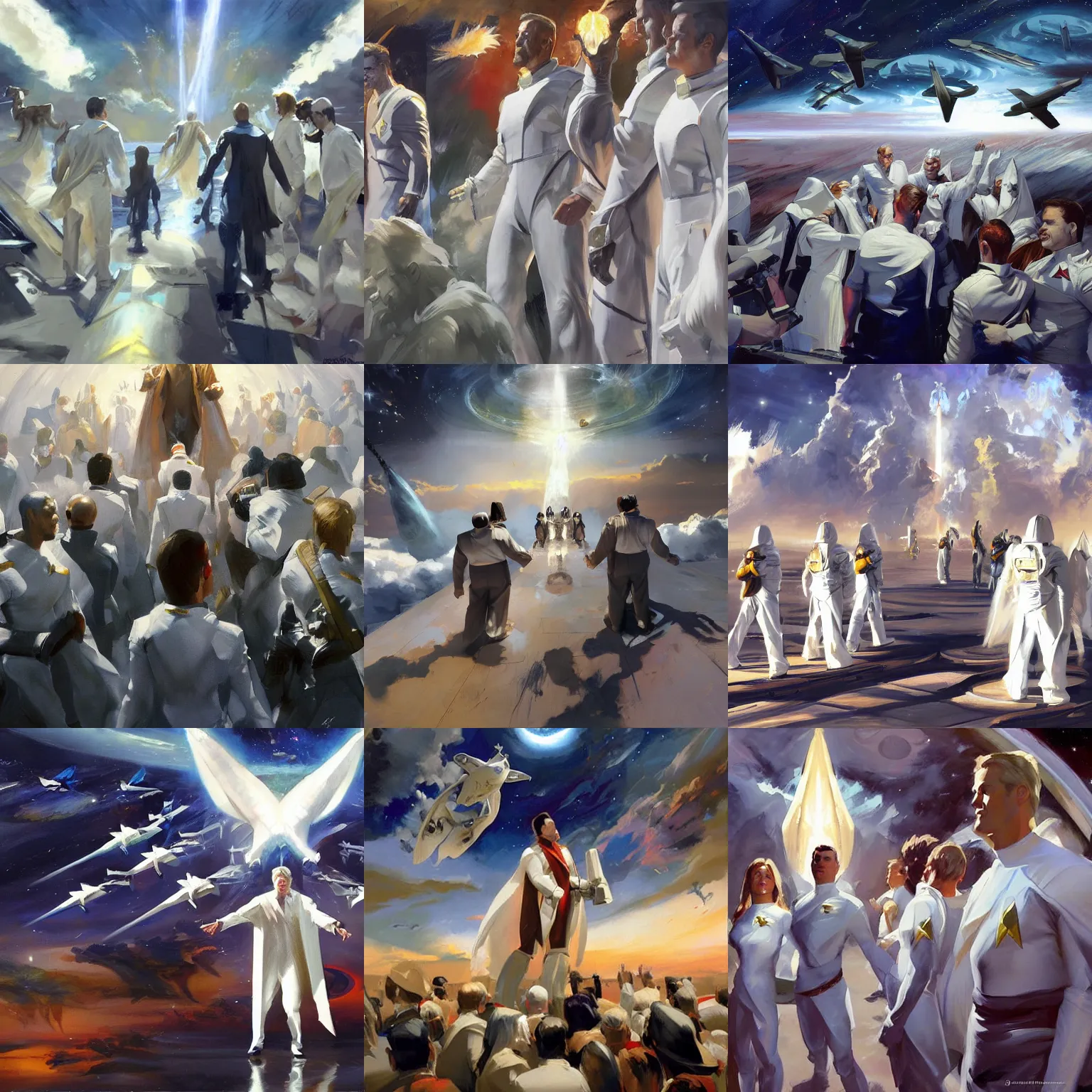 Prompt: artwork by greg manchess, craig mullins, and brad rigney, rich white televangelists asecending into heaven, starfleet uniforms, artstation, masterpiece, high detail, wide camera angle, black hole