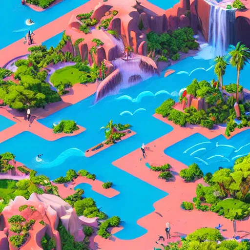 Image similar to isometric webdesign icon for paradise desert oasis with waterfall, 3d render, high details, cinematic, by Artgerm, tooth wu, dan mumford, beeple, wlop, rossdraws, James Jean, Andrei Riabovitchev, Marc Simonetti, yoshitaka Amano, Artstation