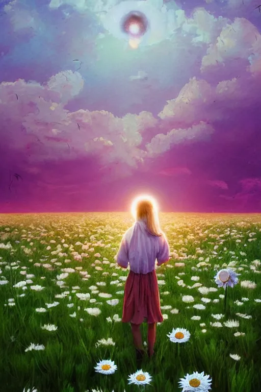 Image similar to giant white daisy flower as head, girl running in a flower field, surreal photography, sunrise, dramatic light, impressionist painting, colorful clouds, digital painting, artstation, simon stalenhag