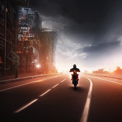 Prompt: A lonesome wanderer riding a motorcycle, dark uncanny road to a huge hive city sparkling with city lights, dark clouds, descent into madness, death, i am the night, realistic 4k octane beautifully detailed render, 4k post-processing, highly detailed, intricate complexity, epic composition, magical atmosphere, cinematic lighting, masterpiece, ultra hd