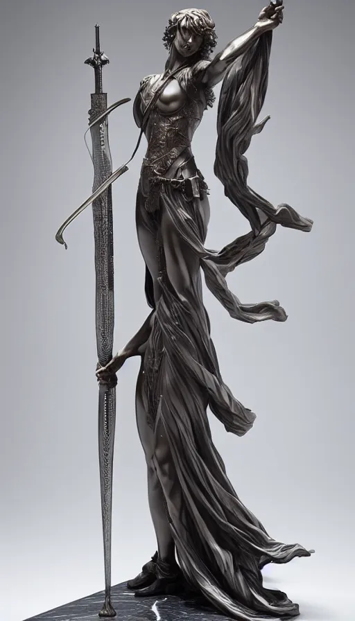 Image similar to a statue of a woman holding a sword, a marble sculpture by ayami kojima, cgsociety, les automatistes, made of plastic, made of liquid metal, marble sculpture