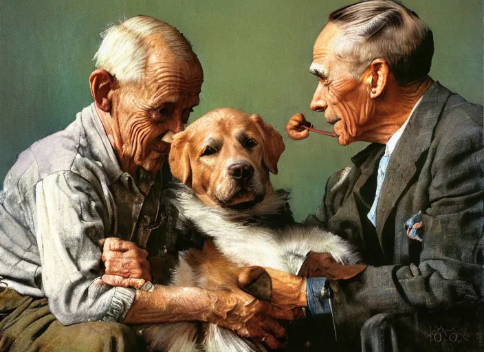 Prompt: high quality high detail painting by norman rockwell, hd, old man with is dog, muted pastel colors, photorealistic lighting